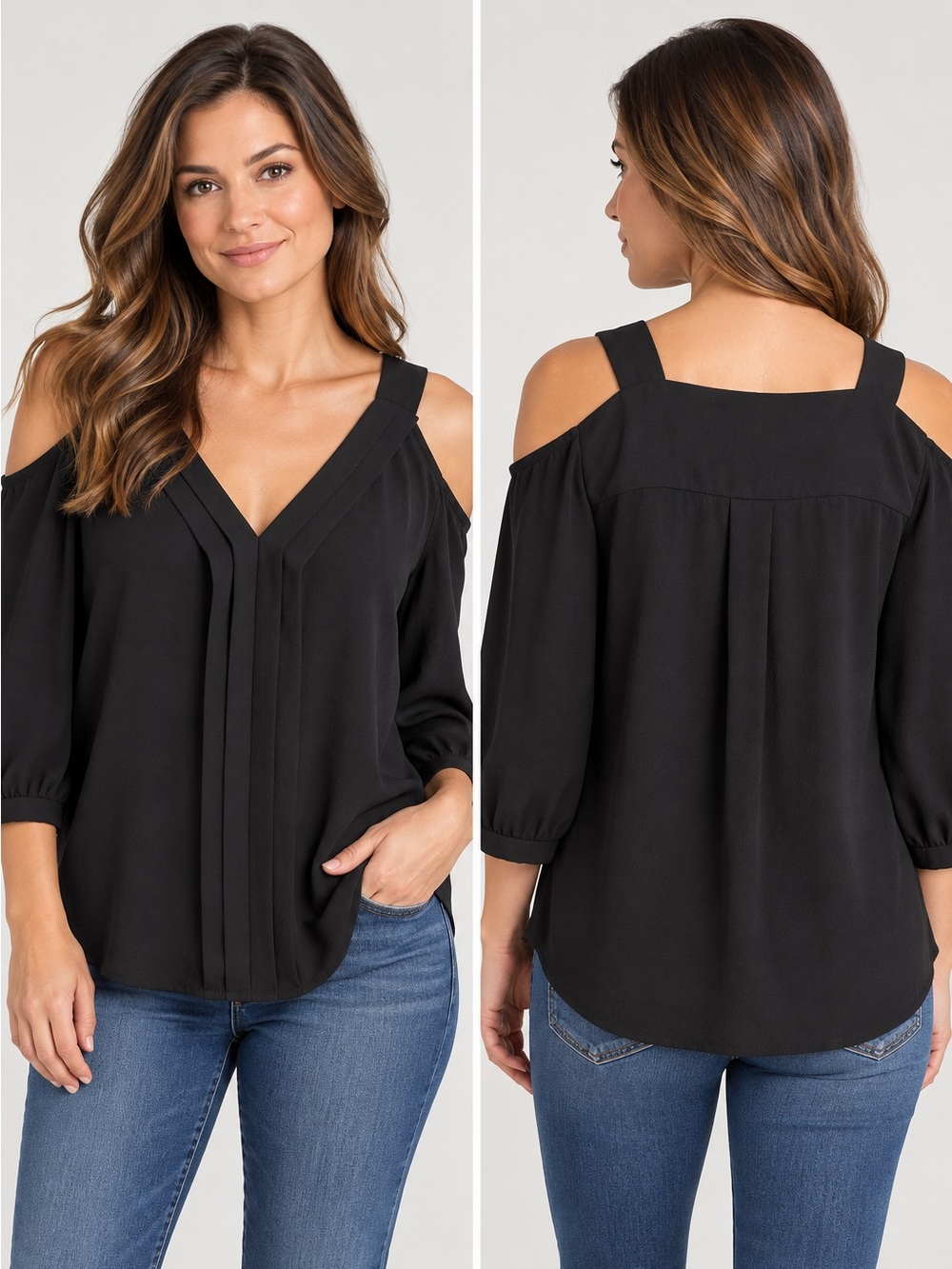 Monteau Los Angeles Black Cold Shoulder V-Neck Blouse Long Sleeve Top Size M